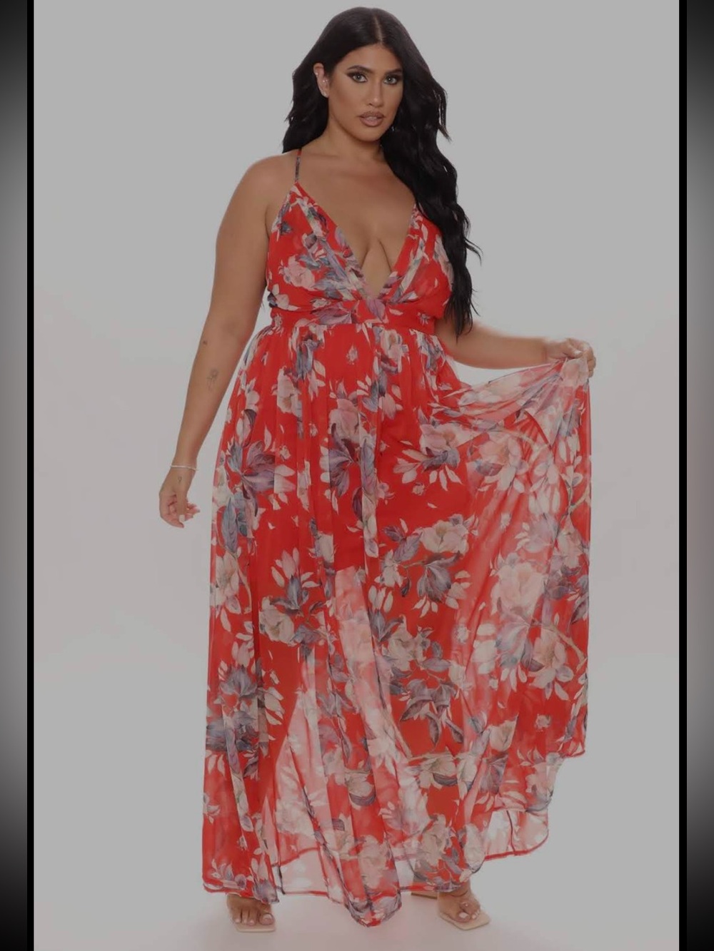 Fashion Nova Red Floral Maxi Dress with Plunging Neckline